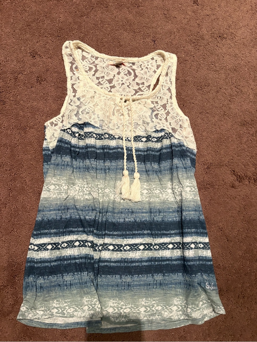 Silver Jeans Ivory Lace & Blue Ombre Tank Top